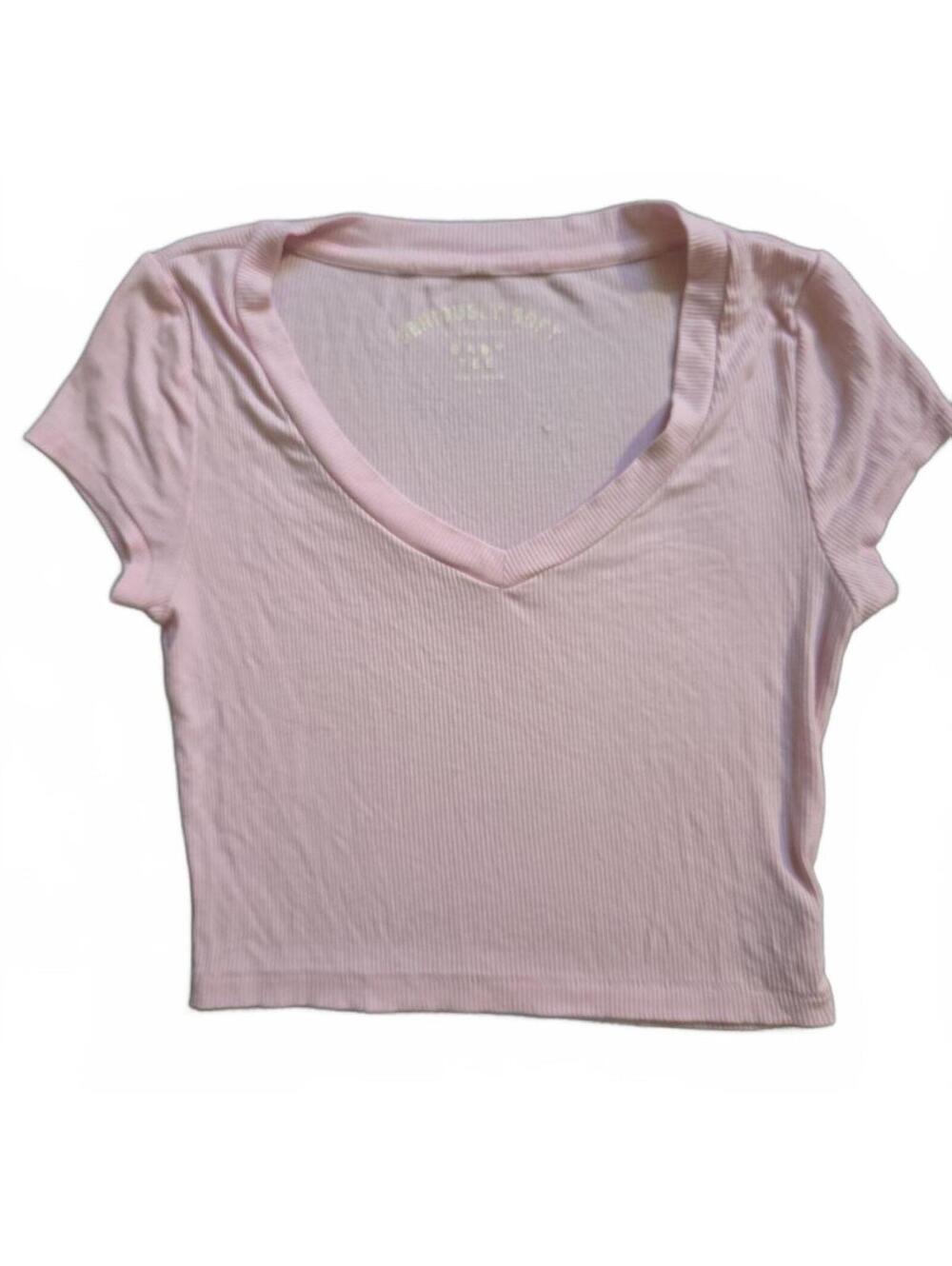 Seriously Soft Baby Tee Pink Ribbed V-Neck Crop Top Size S